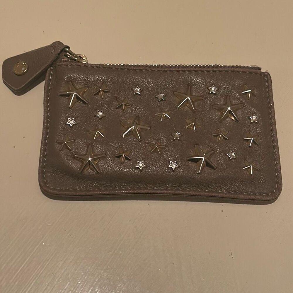 Jimmy Choo Zip Pouch Card Coin Key Case Metallic Star Studded Taupe Leather Alt